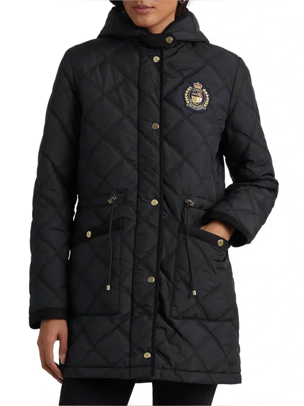 Ralph Lauren Black Label Crest-Patch Diamond-Quilted Hooded Coat in Black